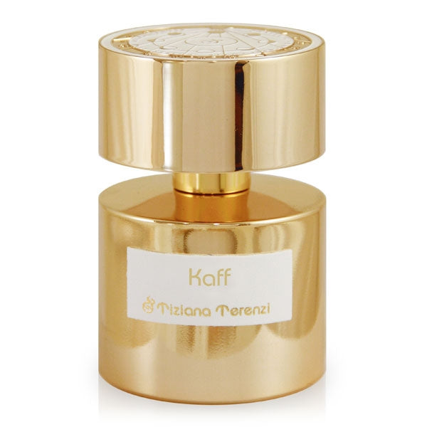 Tiziana Terenzi - Kaff Parfumflakon in schimmerndem Gold mit rundem Deckel vor weißem Hintergrund