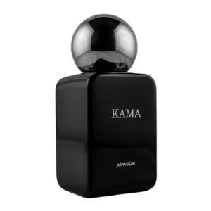 Pernoire - Kama Parfumflakon in glänzend schwarzem Design mit silberner Kugelkappe und klarer Schrift vor weißem Hintergrund