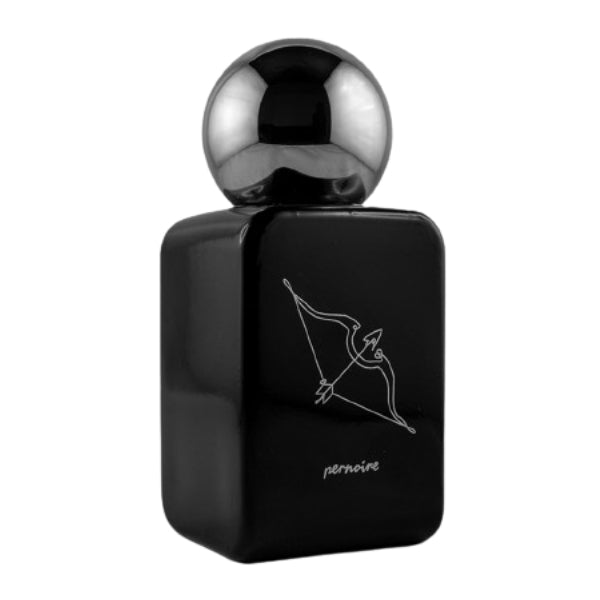 Pernoire - Kama Parfumflakon in schwarzem Design mit silberner Kugel und minimalistischer Pfeilzeichnung vor weißem Hintergrund