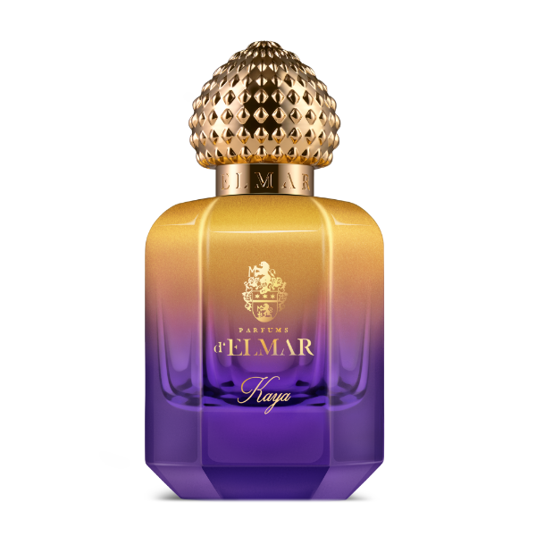 Parfums d'Elmar - Kaya Parfümflakon mit gold-lila Farbverlauf und kunstvoll strukturiertem, rundem Verschluss