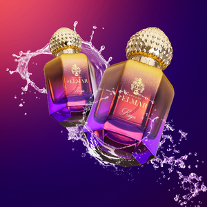 Parfums d'Elmar - Kaya Parfümflakon mit gold-lila Farbverlauf und dekorativem, strukturiertem Verschluss in dynamischer Wasserinszenierung