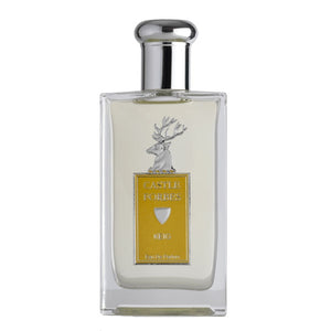 Castle Forbes Keig perfume bottle with silver stag emblem and fresh citrus fragrance in clear rectangular glass design