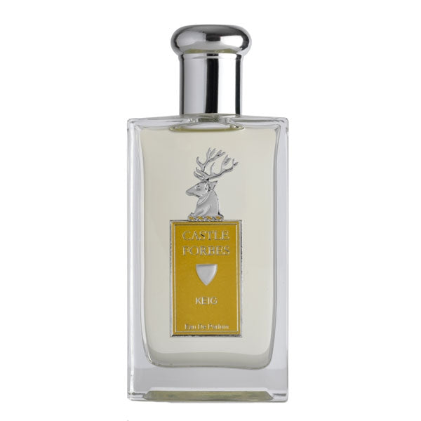 Castle Forbes Keig perfume bottle with silver stag emblem and fresh citrus fragrance in clear rectangular glass design