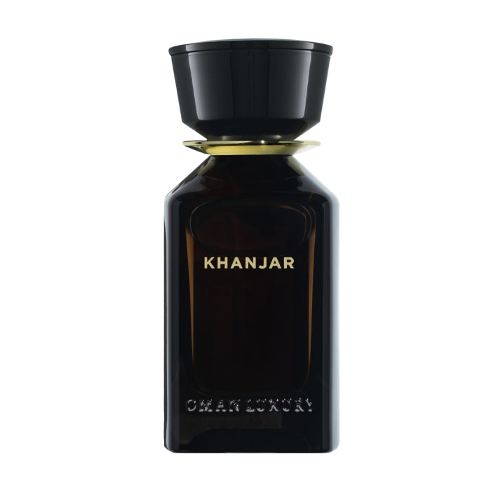 Omanluxury - Khanjar Parfümflakon in tiefem Schwarz mit goldener Schrift und elegantem Verschluss vor weißem Hintergrund