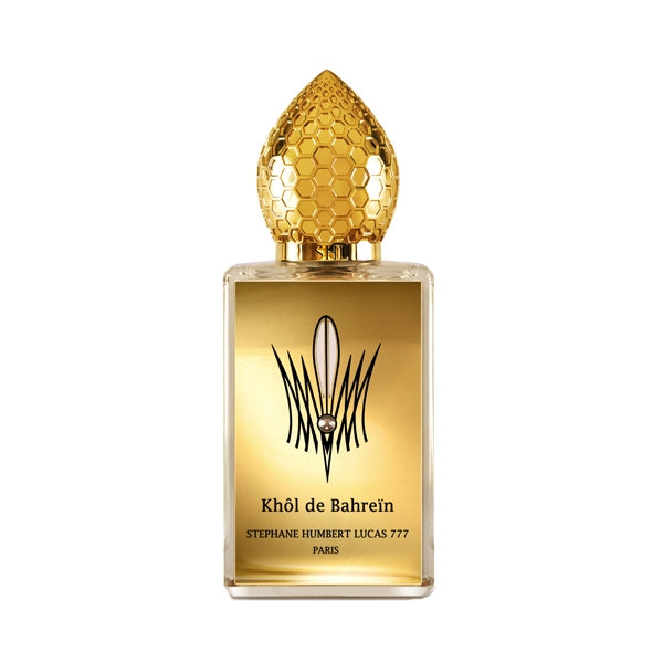 Stéphane Humbert Lucas 777 - Khôl de Bahreïn zeigt goldfarbenen Flakon mit wabenförmigem Verschluss und dekorativem Design