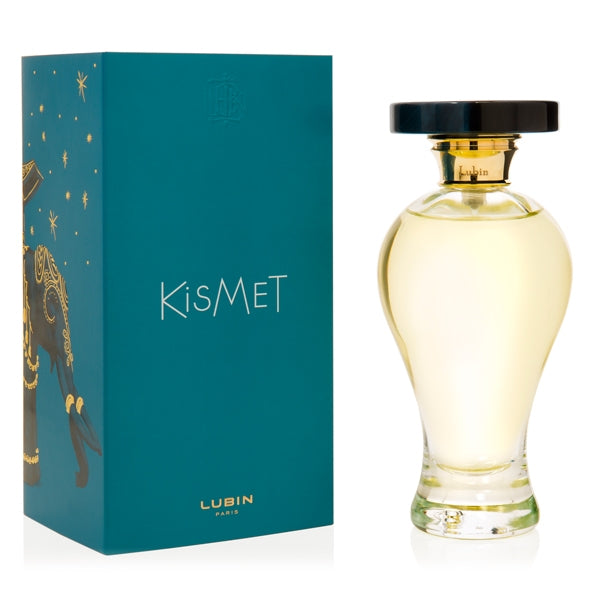 Lubin - Kismet Parfumflakon in geschwungener Form mit schwarzem Deckel und goldfarbenem Hals vor weißem Hintergrund