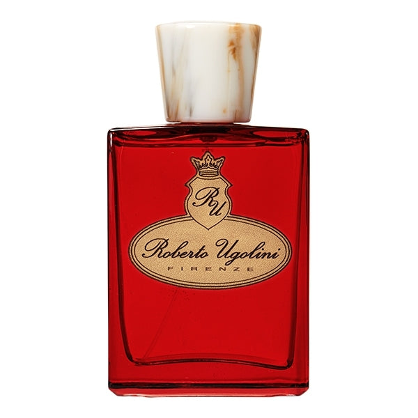 Roberto Ugolini - Kitten Heel Parfumflakon in rotem Glas mit elfenbeinfarbenem Verschluss vor weißem Hintergrund