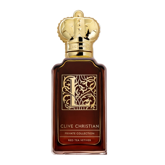 Clive Christian - L - Red Tea Vetiver zeigt edlen Flakon mit goldener Krone und filigranem L-Design auf braunem Glas