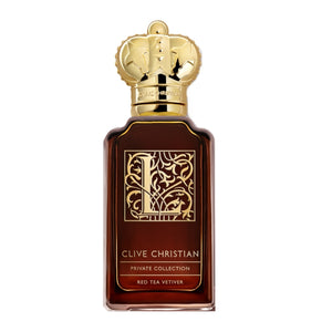 Clive Christian - L - Red Tea Vetiver zeigt edlen Flakon mit goldener Krone und filigranem L-Design auf braunem Glas