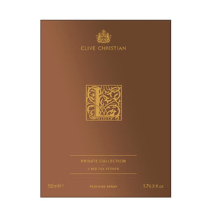 Clive Christian - L - Red Tea Vetiver zeigt braune Verpackung mit goldenem Schriftzug und verziertem L-Emblem