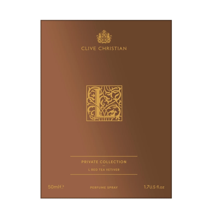 Clive Christian - L - Red Tea Vetiver zeigt braune Verpackung mit goldenem Schriftzug und verziertem L-Emblem