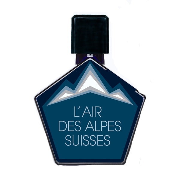 Andy Tauer - L'Air des Alpes Suisses Parfumflakon mit blauem Bergmotiv und schwarzem Verschluss vor weißem Hintergrund