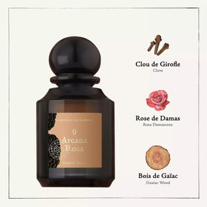L'Artisan Parfumeur - La Botanique - Arcana Rosa Parfumflakon in dunklem Glas mit Gewürz- und Holznotenillustrationen