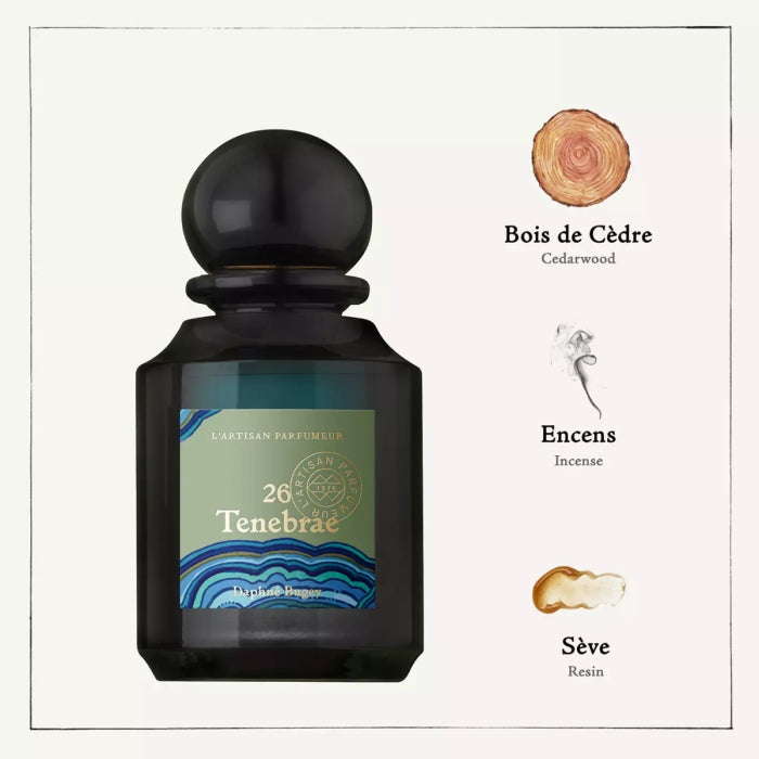 L'Artisan Parfumeur - La Botanique - Tenebrae Parfumflakon in dunklem Glas mit rundem Verschluss und naturinspirierten Duftsymbolen