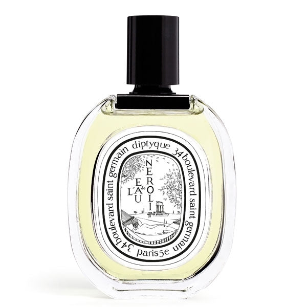 Diptyque - L'Eau de Neroli Parfumflakon mit klarer ovaler Form und schwarzem Verschluss vor weißem Hintergrund