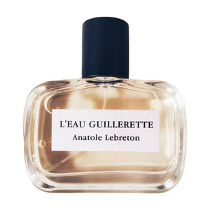 Anatole Lebreton - L'Eau Guillerette klarer Flakon mit schlichtem Etikett und schwarzem Verschluss vor weißem Hintergrund