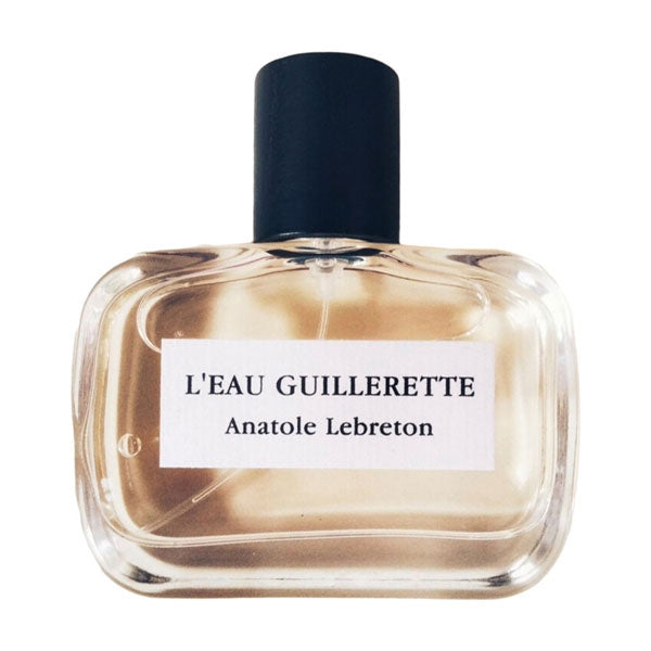 Anatole Lebreton - L'Eau Guillerette klarer Flakon mit schlichtem Etikett und schwarzem Verschluss vor weißem Hintergrund