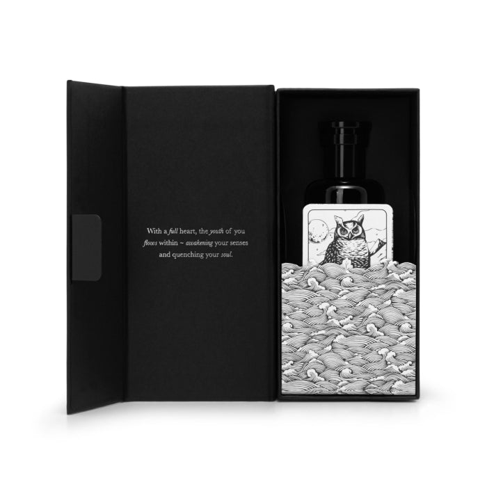 Argentum - L'Eau de Jouvence schwarze Flasche mit kunstvoller Eulenillustration und Wellendesign in edler Geschenkbox