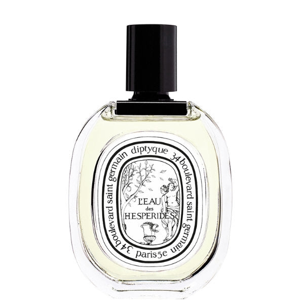Diptyque - L'Eau des Hespérides Eau de Cologne Flakon mit schwarzem Verschluss und elegantem Etikett vor weißem Hintergrund