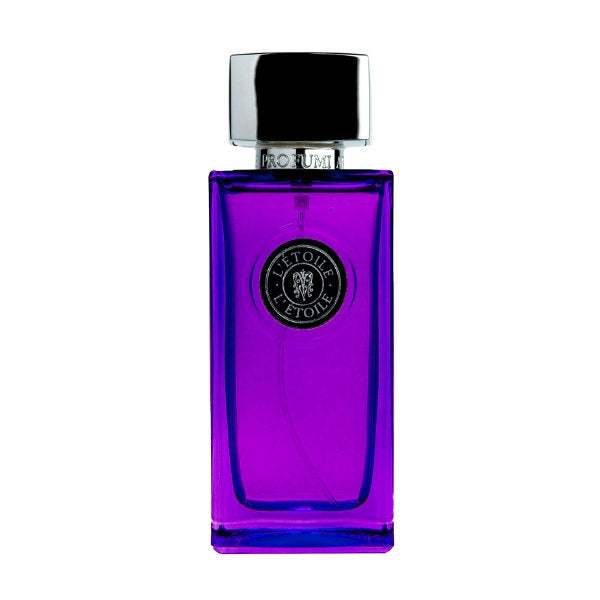 Arte Profumi - L'Etoile Flakon in kräftigem Violett mit silbernem Verschluss und elegantem Medaillon auf weißem Hintergrund