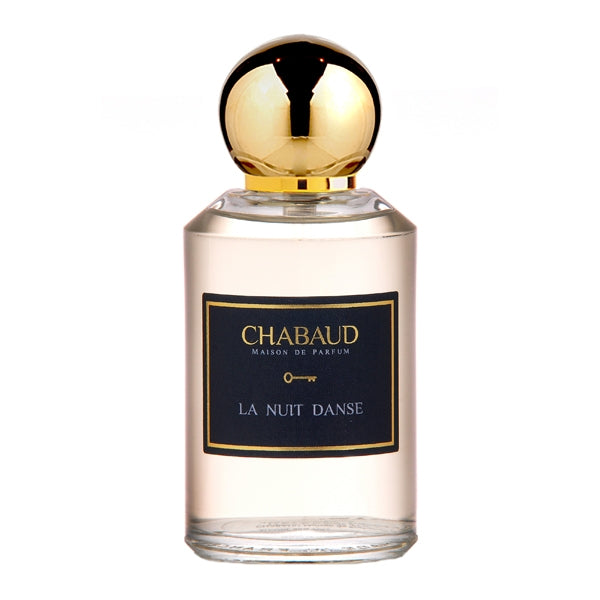 Chabaud - La nuit danse Parfumflakon mit glänzend goldenem Deckel und elegantem schwarzem Etikett in klarem Glas
