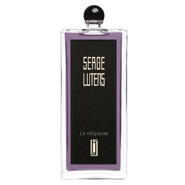 Serge Lutens - La Religieuse Parfumflakon mit schwarzem Etikett und violettem Duft im minimalistischen Design