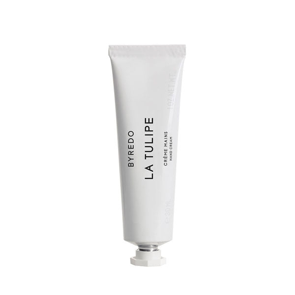 Byredo - La Tulipe - Hand Cream in schlichter, weißer Tube mit klarer, moderner Schrift für zarte Händepflege