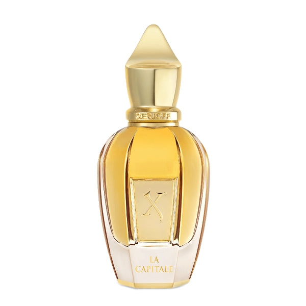 Xerjoff - Spotlight - La Capitale Parfumflakon in elegantem goldfarbenem Design auf weißem Hintergrund