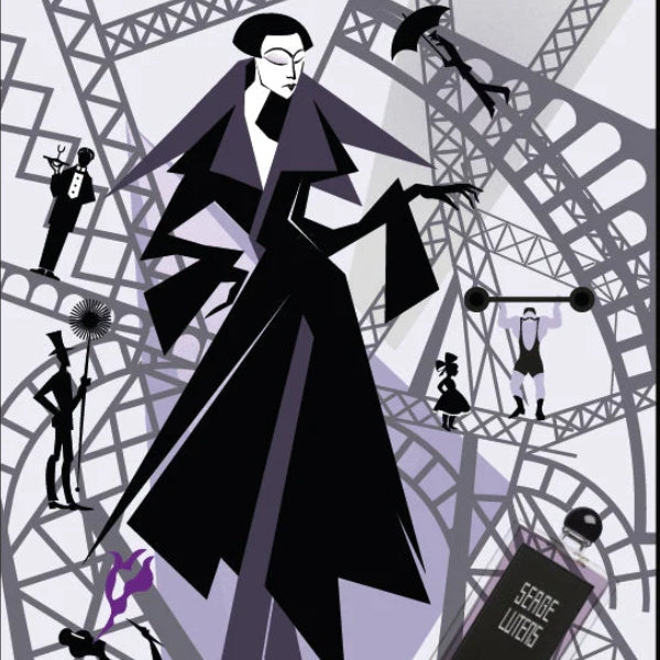 Serge Lutens - La fille tour de fer abstrakte Illustration einer eleganten Figur vor geometrischem Hintergrund