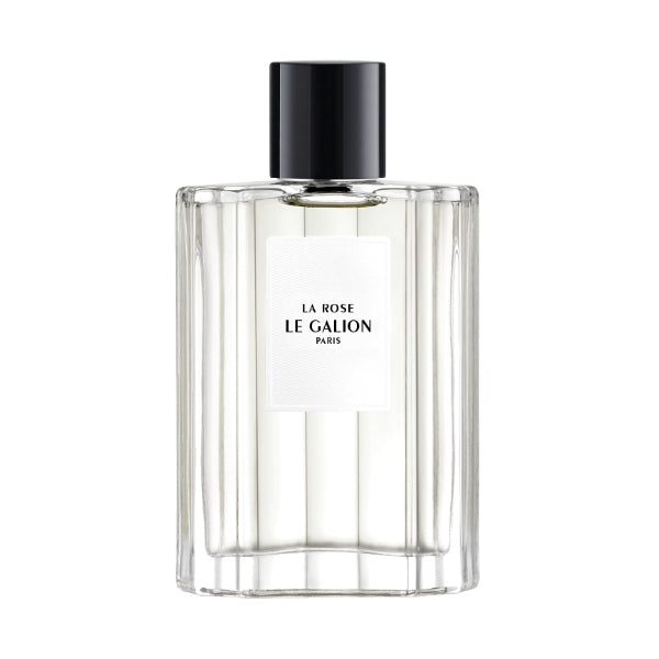 Le Galion - La Rose klarer Flakon mit elegantem weißen Etikett und schwarzem Verschluss vor hellem Hintergrund
