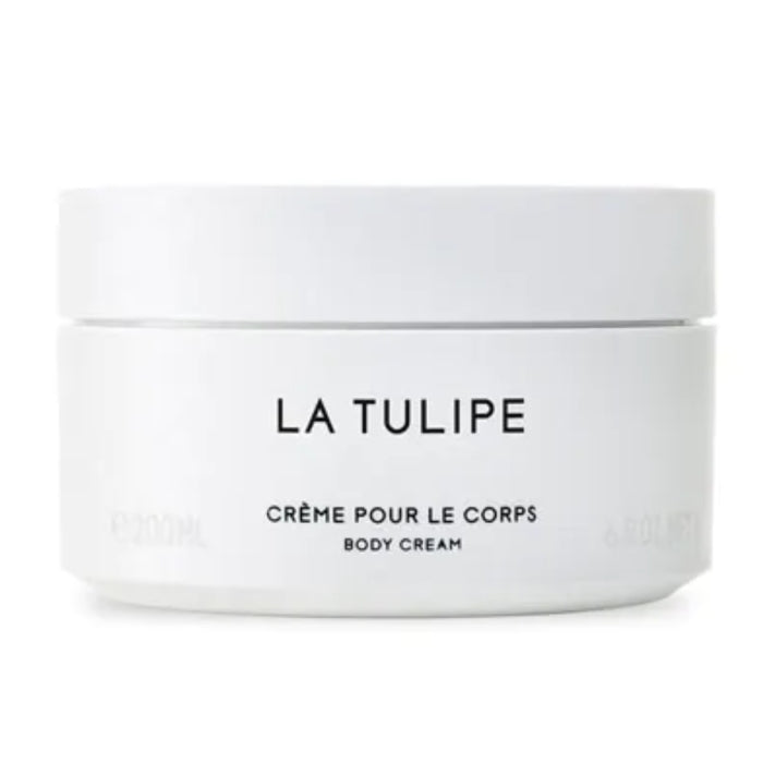 Byredo - La Tulipe - Body Cream im schlichten weißen Tiegel mit klarer schwarzer Schrift auf hellem Hintergrund