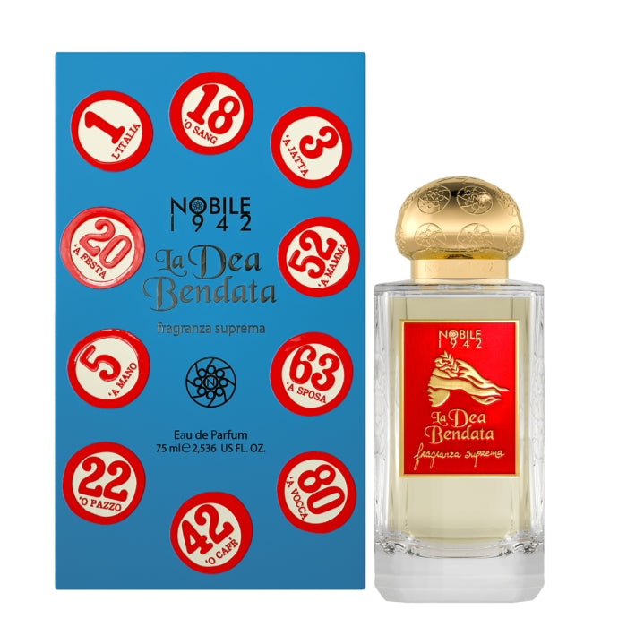 Nobile 1942 - La Dea Bendata Parfümflakon mit goldkappe und blau-roter Geschenkbox mit Zahlenmotiven