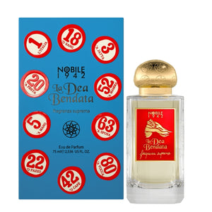 Nobile 1942 - La Dea Bendata Parfümflakon mit goldkappe und blau-roter Geschenkbox mit Zahlenmotiven