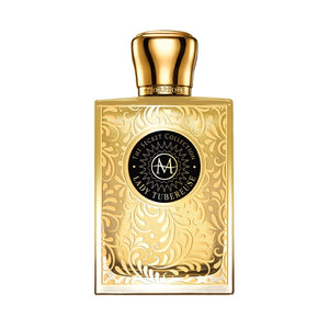Moresque Parfum - Secret Collection - Lady Tubereuse mit kunstvollem goldfarbenem Flakon und schwarzem Logo vor weißem Hintergrund