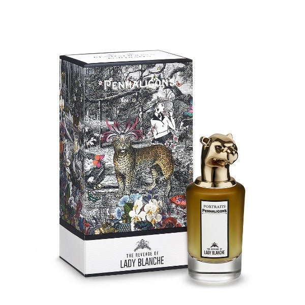 Penhaligon's - Portraits - The Revenge of Lady Blanche Flakon mit goldenem Tierkopf neben kunstvoll gestalteter Verpackung