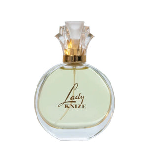 Knize - Lady Knize Eau de Toilette mit rundem Flakon und elegantem goldfarbenem Verschluss vor weißem Hintergrund