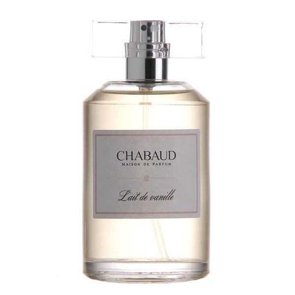 Chabaud - Lait de Vanille Parfumflakon mit klarem Glas und silbernem Sprühkopf, schlicht und elegant gestaltet