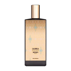 Memo Paris - Lalibela - Travel Spray edler Flakon mit goldfarbenem Verschluss und orientalischem Muster vor weißem Hintergrund