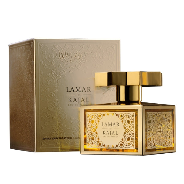 Kajal - Lamar Eau de Parfum Flakon in gold mit luxuriöser Verzierung und passender Geschenkverpackung vor weißem Hintergrund