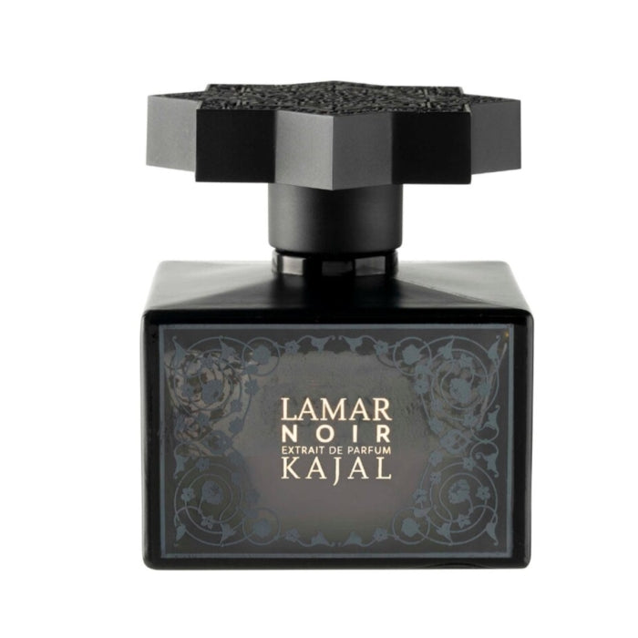 Kajal - Lamar Noir Parfumflakon in schwarzem, quadratischem Glas mit dekorativem, achteckigem Verschluss auf weißem Hintergrund
