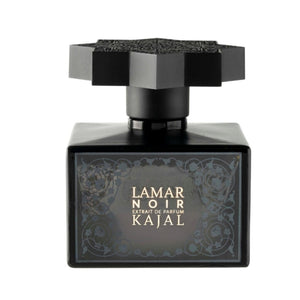 Kajal - Lamar Noir Parfumflakon in schwarzem, quadratischem Glas mit dekorativem, achteckigem Verschluss auf weißem Hintergrund