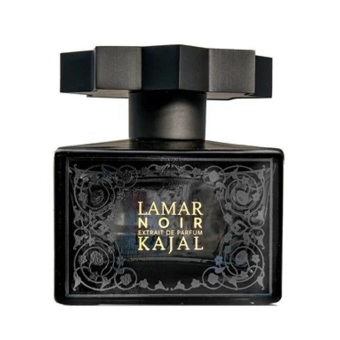 Kajal - Lamar Noir Parfumflakon in schwarzem Glas mit geometrischem Verschluss und filigranem Muster auf weißem Hintergrund