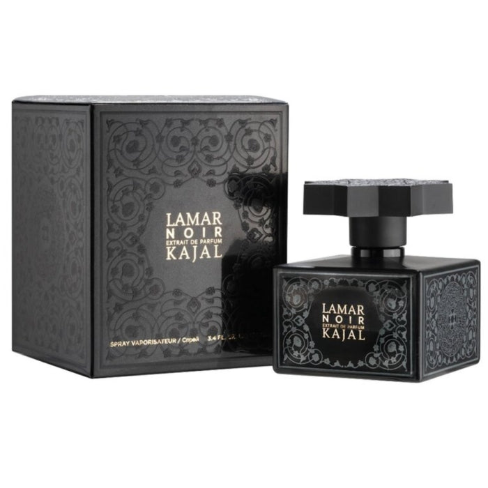 Kajal - Lamar Noir Parfumflakon und Verpackung in schwarz mit filigranem Ornamentmuster und elegantem Verschluss