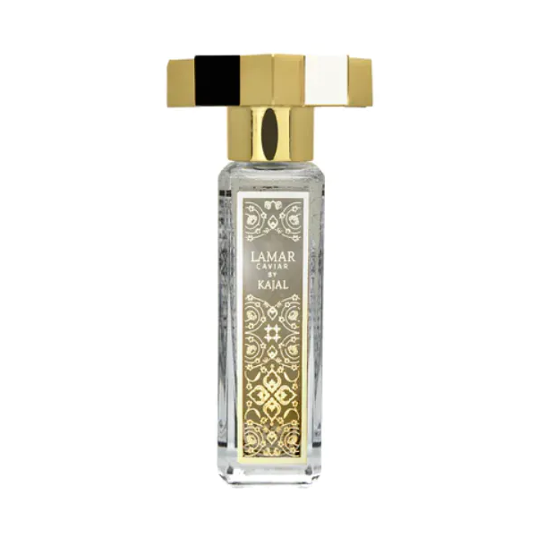 Kajal - Lamar Caviar Parfümflakon in klarem Glas mit goldenem, sechseckigem Verschluss und edlem Ornament auf dem Etikett
