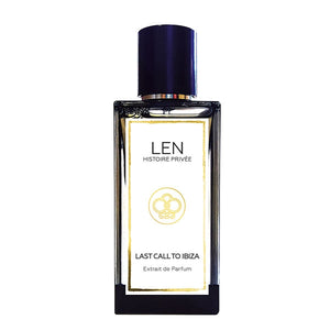 LEN - Histoire Privée - Last Call to Ibiza Parfumflakon mit schlichter Eleganz und goldenem Rahmen auf weißem Hintergrund