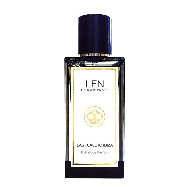 LEN - Histoire Privée - Last Call to Ibiza Parfumflakon mit schlichter Eleganz und goldenem Rahmen auf weißem Hintergrund