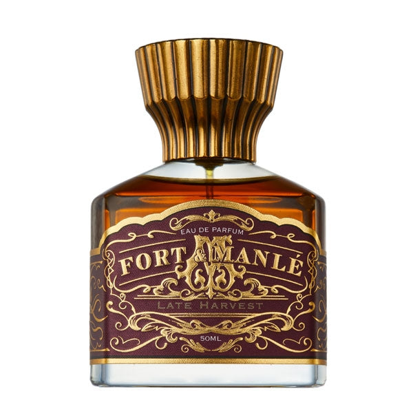 Fort & Manlé - Late Harvest Parfumflakon mit goldfarbenem Verschluss und dunkelrotem Etikett vor weißem Hintergrund