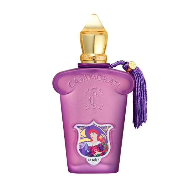 Xerjoff - Casamorati 1888 - La Tosca Flakon in Violett mit goldener Kappe und dekorativer Quaste vor weißem Hintergrund