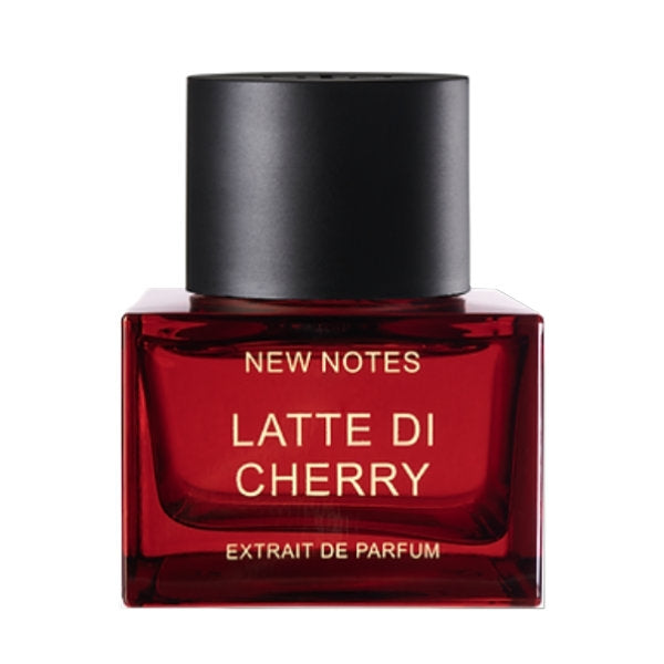 New Notes - Contemporary Blend Collection - Latte di Cherry zeigt roten Glasflakon mit schlichtem schwarzem Deckel edel präsentiert