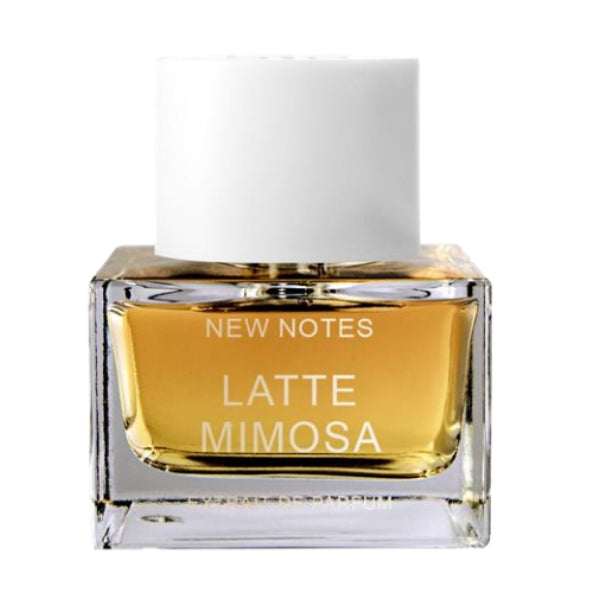 New Notes - Contemporary Blend Collection - Latte Mimosa Parfümflakon mit klarem Glas und weißem Deckel vor weißem Hintergrund